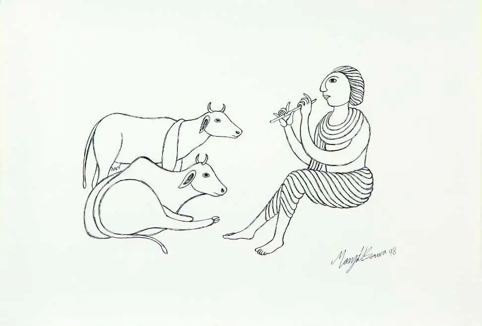 Bawa, Manjit (Artist). Untitled (Krishna and Cows), 1998 | Drawing