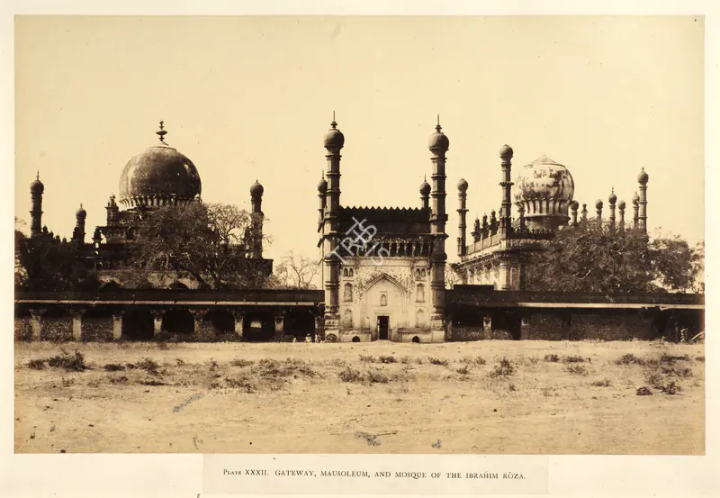 Biggs, Colonel Thomas (Photographer). Gateway, Mausoleum, and Mosque of the Ibrahim Roza. Bijapur - From the album "Architecture at Beejapoore. An Ancient Mohammedan Capital in the Bombay Presidency Published by John Murray. London 1866. Photographs by Dr. William Henry Pigou, Dr. Andrew c.Neill and Col. Thomas Biggs with an historical and descriptive memoir by Colonel Meadows Taylor and  architectural notes by James Fergusson". Albumen print pasted on mount, c.1855 | Antiquarian Photograph | Photography | 00115021
