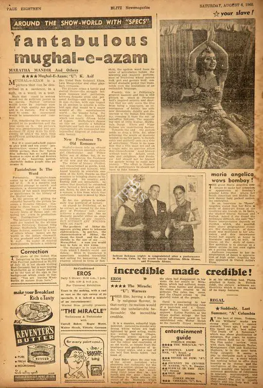 Fantabulous Mughal-e-Azam. In Blitz - India's Greatest Weekly. p. 18. Bombay: R.K. Karanjia, 06 August 1960 | Film Review | CinemaEducation | 00142634