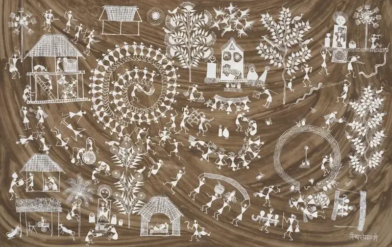 Mashe, Jivya Soma (Artist). Untitled  (Warli Painting). Acrylic and cow dung on paper, n.d. | Painting | FineArts | 00417625