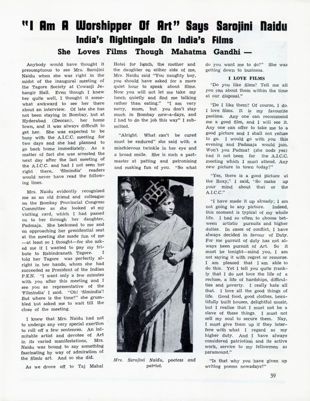 I am a Worshipper of Art" says Sarojini Naidu - India's nightangle on India's Films - She Loves Films through Mahatma Gandhi. In Filmindia. 9(1), pp. 39, 41. Bombay: Baburao Patel, January 1943 | Conversation | CinemaEducation | 00858716
