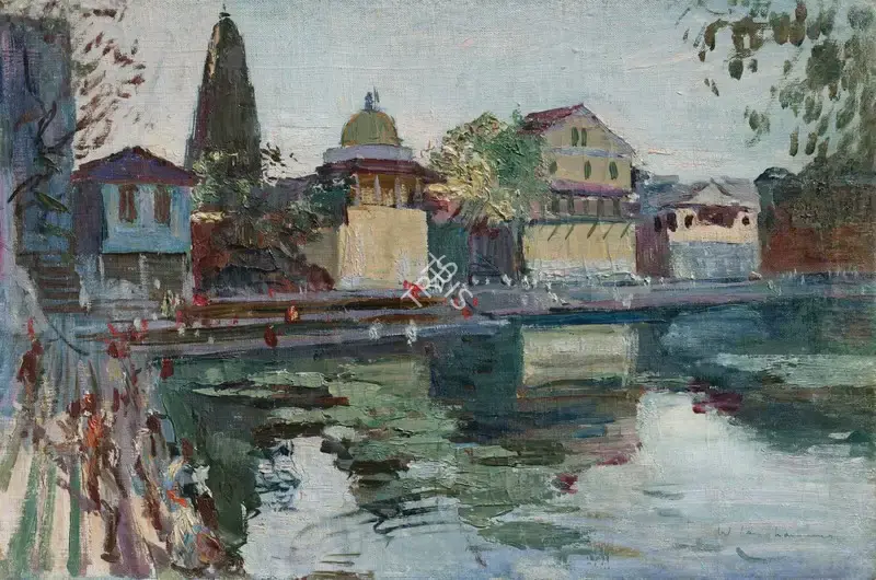 Langhammer, Walter (Artist). Untitled (Banganga Tank and Walkeshwar Temples, Bombay), n.d. | Painting