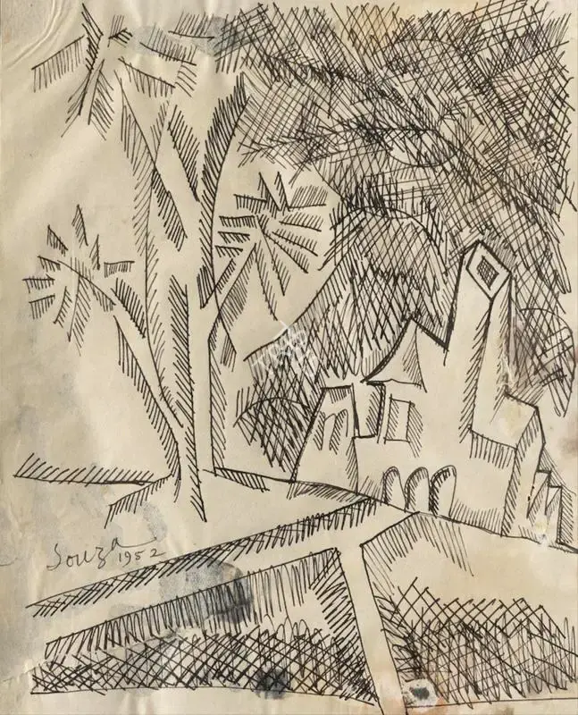 Souza, F.N. (Artist). Landscape with House, 1952 | Drawing