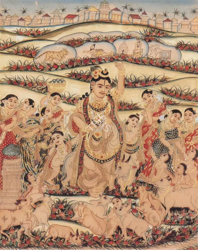 Tanjore School (Artist). Krishna and Gopis with Cows in a Landscape. Watercolour and tempera, heightened with gold leaf and bodycolour on paper, early 20th century | Painting | FineArts | 00374150