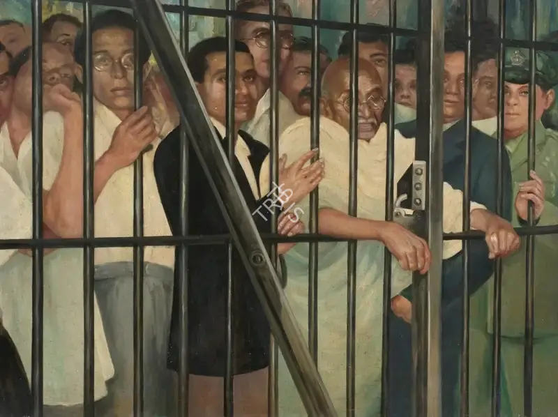 Khosa, Somnath (Artist). Gandhiji Visiting Political Prisoners in Dum Dum Jail in 1947. Oil on board, c.1960 | Painting | FineArts | 00357673