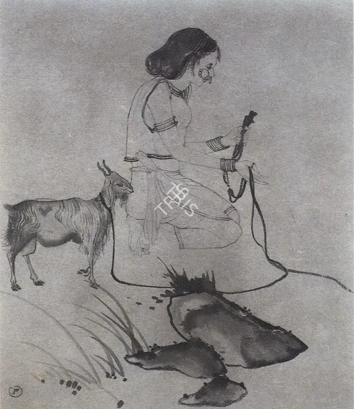 Bose, Nandalal (Artist). Girl With Goat, n.d. | Drawing