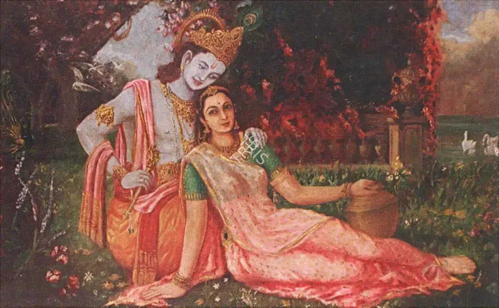 Follower of Raja Ravi Varma (Artist). Krishna and Radha in a Garden, n.d. | Painting