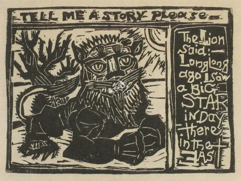 Chittaprosad (Artist). Tell Me a Story Please. Linocut on paper, n.d. | Chittaprosad, 2011 | Graphic Art | FineArts | 00710188