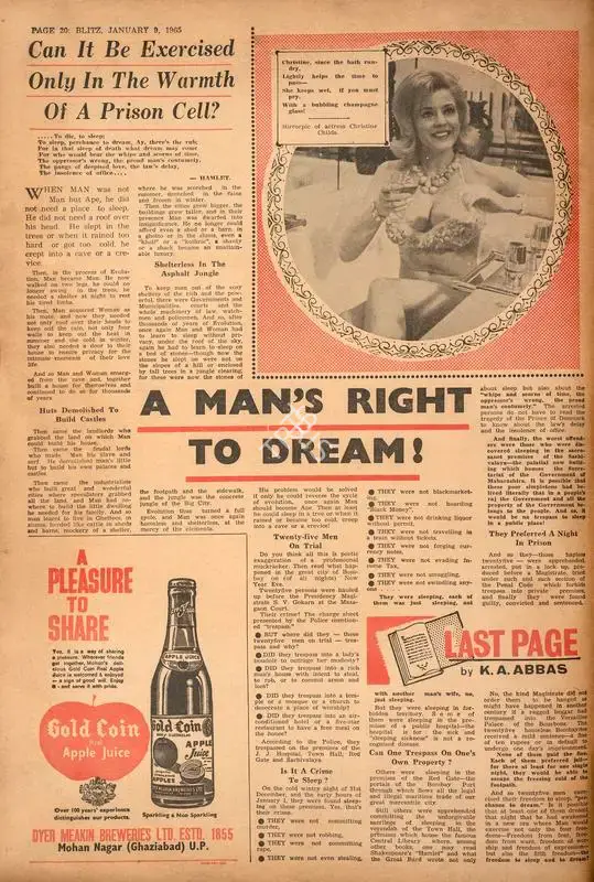 Abbas, Khwaja Ahmad (Columnist). A Man's Right to Dream. In Blitz - India's Greatest Weekly. p. 20. Bombay: R.K. Karanjia, 09 January 1965 | Essay | CinemaEducation | 00465417