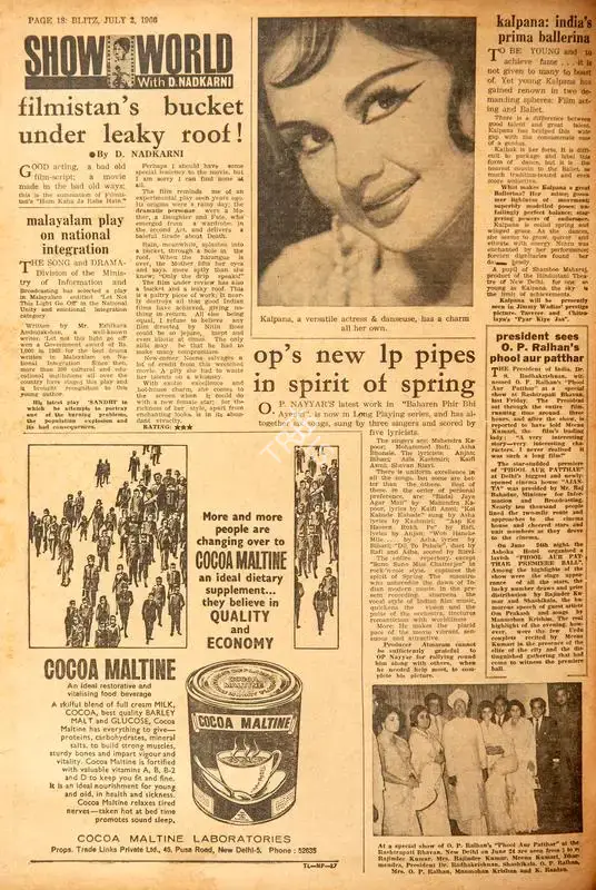 Malayalam Play on National Integration. In Blitz - India's Greatest Weekly. p. 18. Bombay: R.K. Karanjia, 02 July 1966 | Film Review | CinemaEducation | 00142883