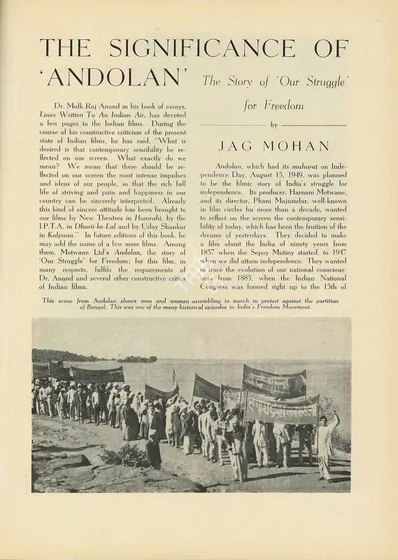 Mohan, Jag (Essayist). The Significance of Andolan - The Story of Our Struggle for Freedom. In Marg. 4(3), pp. 45-48. Bombay: Modern Artists and Architects Research Group, October 1950 | Essay | CinemaEducation | 00668790, 1950