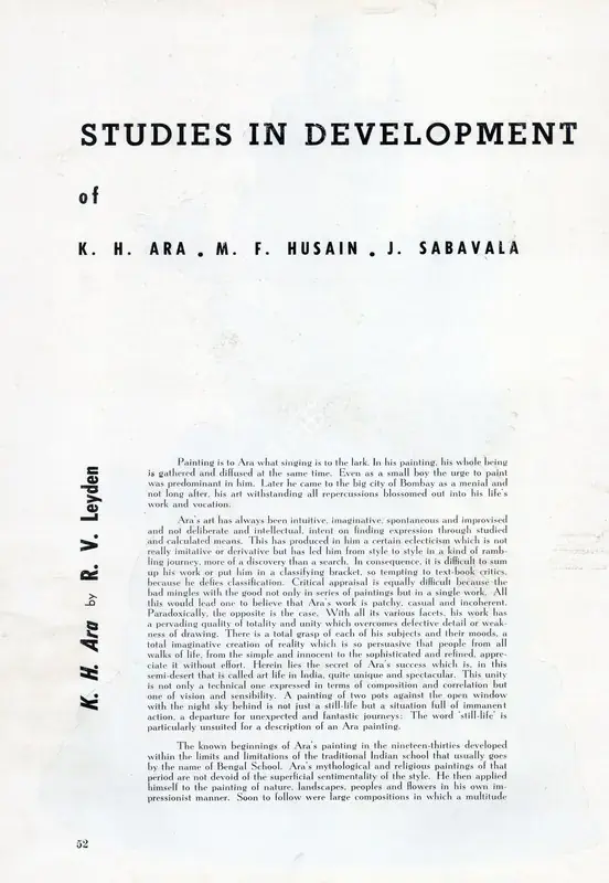Leyden, R. Von (Essayist). Studies in Development of K. H. Ara. In Marg. 6(2), pp. 52-55. Bombay: Modern Artists and Architects Research Group, April 1953 | Essay | FineArts | 00668811, 1953
