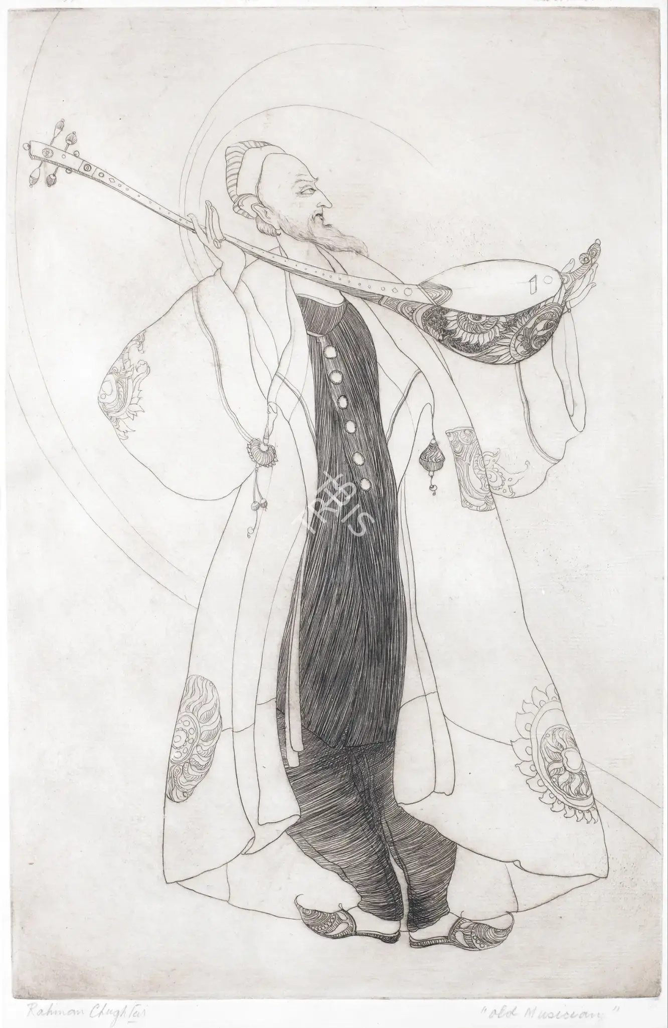 Chughtai, M.A.R. (Artist). Old Musician. Dry-point etching on paper, n.d. | Graphic Art | FineArts | 00900290