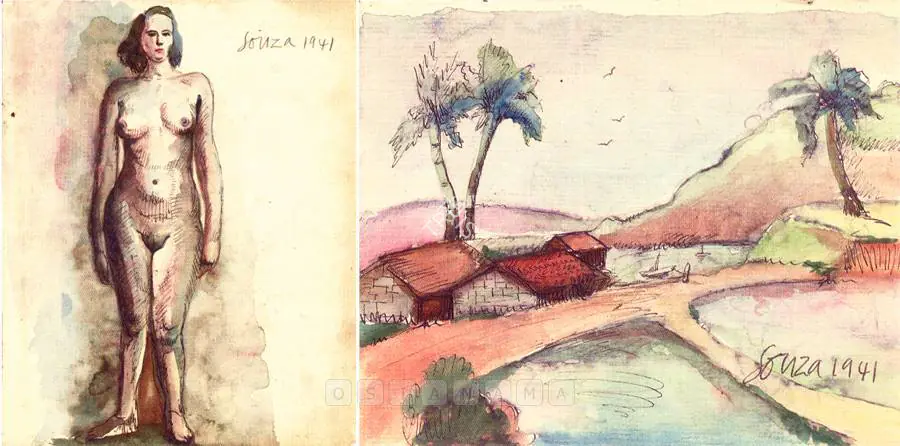 Souza, F.N. (Artist). Untitled (Standing Female Nude); Untitled (Figures In Landscape) (verso). Ink and watercolour on paper, 1940 | Painting | FineArts | 00755438