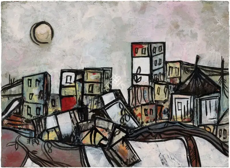 Ribeiro, Lance (Artist). Untitled (Landscape with Moon). Oil on board pasted on mount board, circa 1960 | Painting | EconomicsArt | 00870137