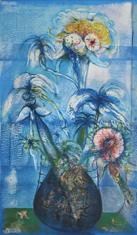 Parekh, Manu (Artist). Blue Flower Vase. Oil on canvas, 1999 | Painting | FineArts | 00603595