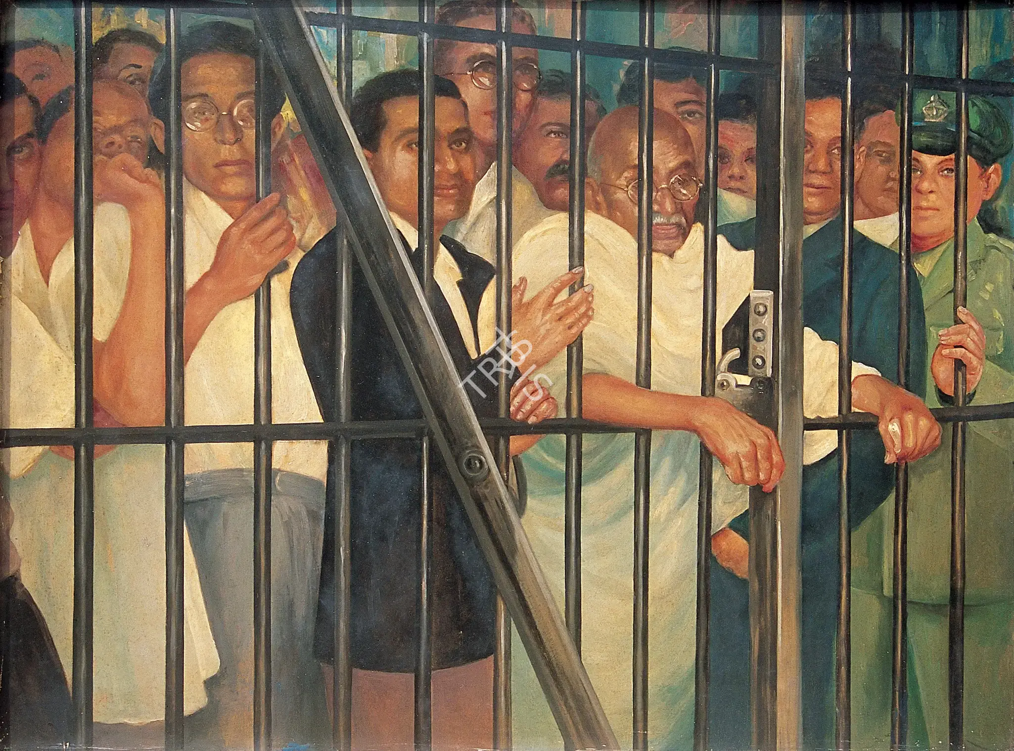 Khosa, Somnath (Artist). Gandhiji Visiting Political Prisoners At Dum Dum Jail In 1947, c.1960 | Painting