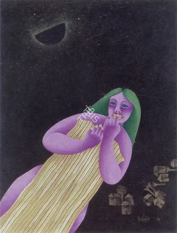 Dasgupta, Dharmanarayan (Artist). At Night. Pencil, pen and black ink and watercolour on paper, n.d. | Painting  | 00876647