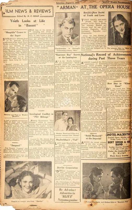 Shah, D.C. (Editor). Ideological Conflict in "Phir Milenge". In Blitz - Weekly News Magazine. p. 14. Bombay: R.K. Karanjia, 08 August 1942 | Film Review | CinemaEducation | 00142532