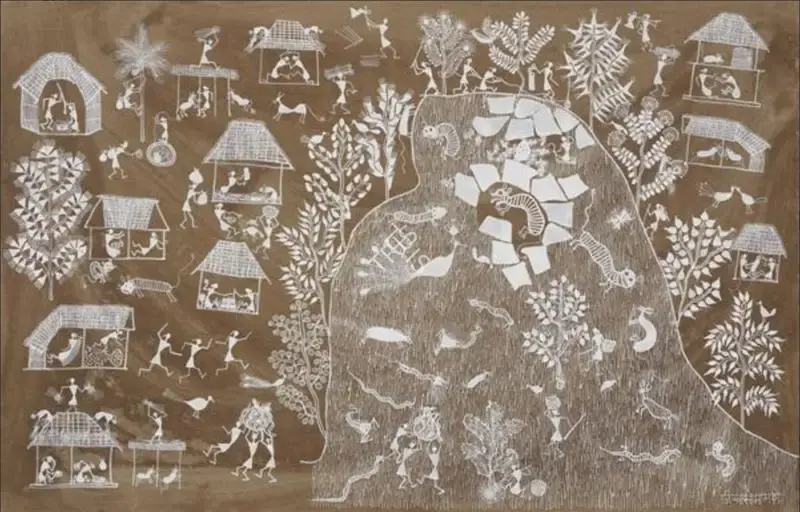 Mashe, Jivya Soma (Artist). Untitled (The Man who would not work) (Warli Painting). Acrylic & dung on paper, n.d. | Painting | FineArts | 00547426