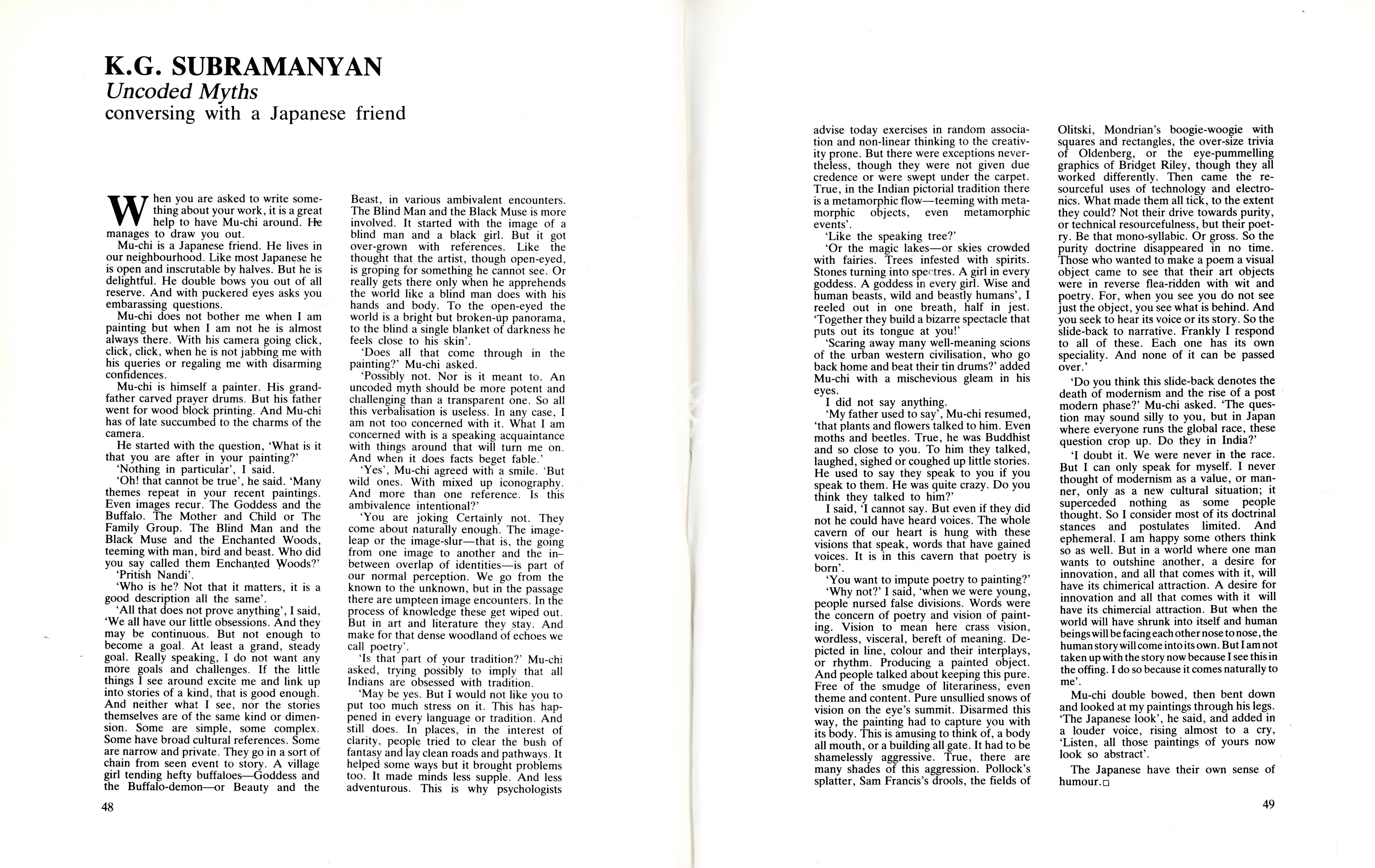 Subramanyan, K.G. (Essayist). K G Subramanyan - Uncoded Myths Conversing with a Japanese Friend. In Art Heritage 10 - 1990-91. Season 14, pp. 48-49. New Delhi: Art Heritage, 1991 | Essay | FineArts | 00851727