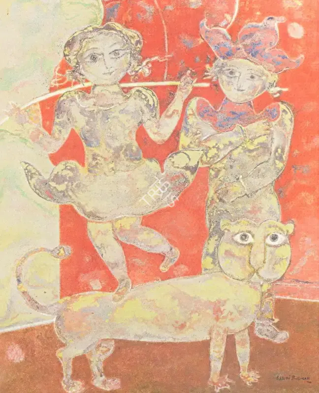 Burman, Sakti (Artist). Dancing figures with Lion, n.d. | Painting