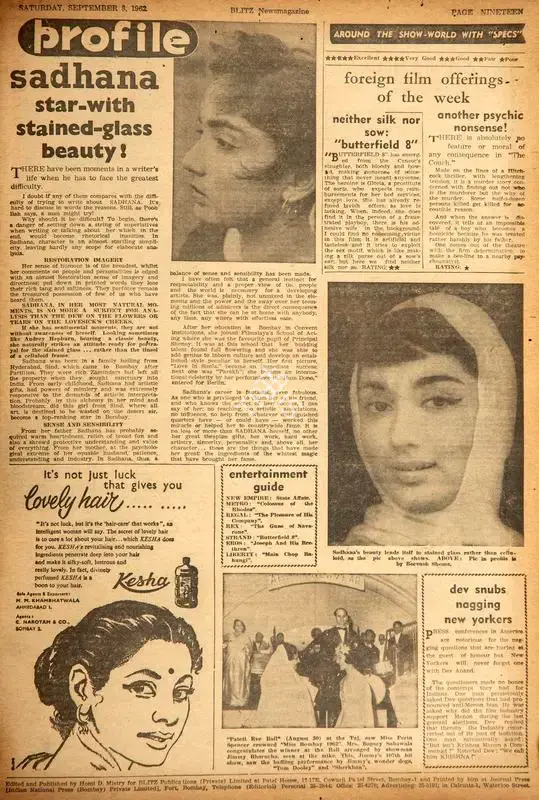 Sadhana Star-With Stained-Glass Beauty. In Blitz - Hindi Sanskaran. p. 19. Bombay: Homi D. Mistry, 08 September 1962 | Film Review | CinemaEducation | 00142696