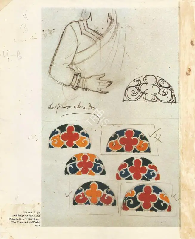 Ray, Satyajit (Artist), Ghare Baire, 1985. Costume design and pattern of painted glass design for the door in Ray's set of Ghare Baire | Original Artwork, 1984, The Other Ray , 1990 | CinemaEducation | 00724326