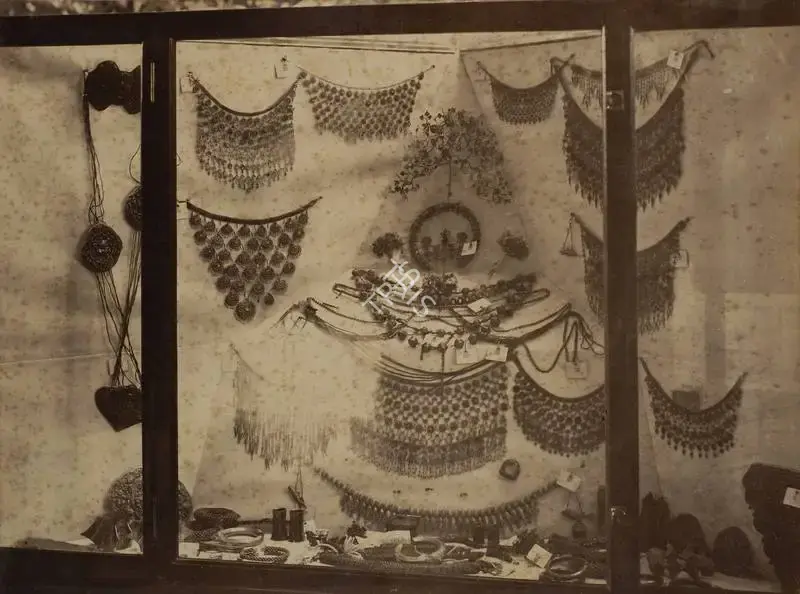 Narayan, Shew Shankar (Photographer). Jewellery - Burmese Court - From the album 'Calcutta International 1883-84 Exhibition Views'. Albumen print pasted on mount, 1883-1884 | Antiquarian Photograph | Photography | 00115302