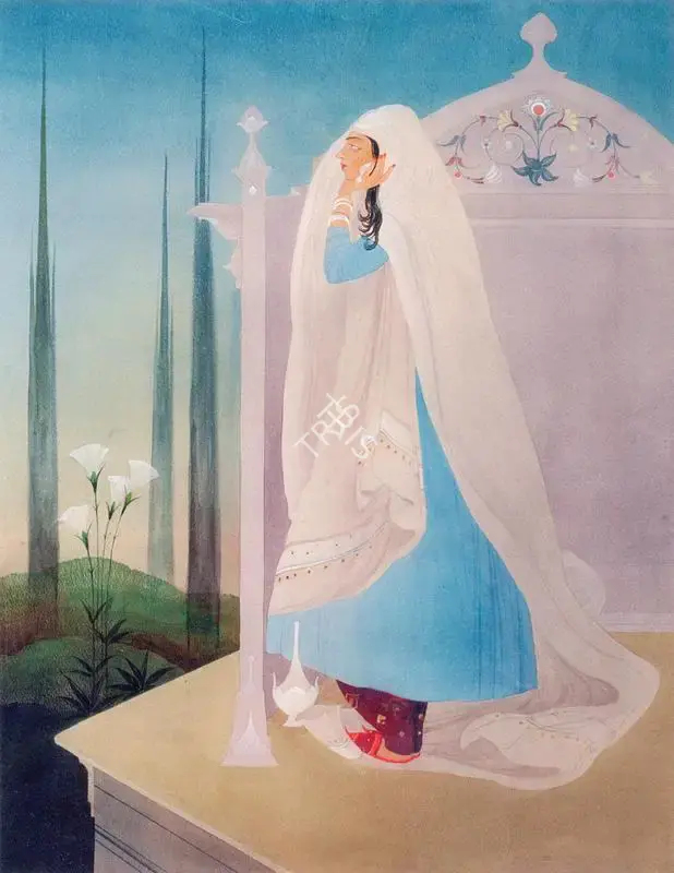 Chughtai, M.A.R. (Artist). Rehana Looking At The ID Moon, n.d. | Painting