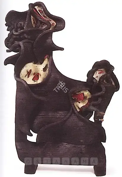 Gujral, Satish (Artist). Raising Of Lazarus. Burnt wood, leather, cowrie shell, ceramic bead, 1992 | Sculpture | FineArts | 00576994
