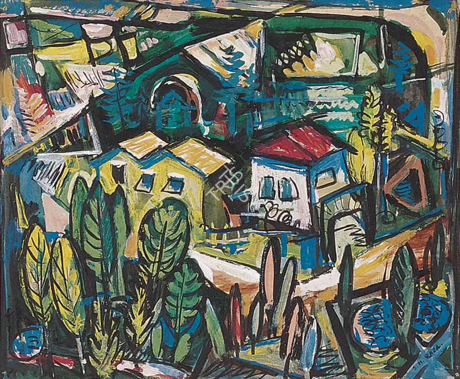 Raza, S.H. (Artist). Townscape. Gouache on paper, 1947 | Painting | FineArts | 00371570