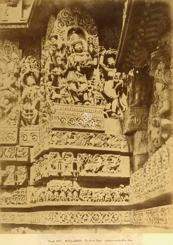 Neill, Andrew Charles Brisbane (Photographer). Hullabeed. The Great Temple. Sculptures on the West Front - From the album "Architecture in Dharwar and Mysore Published by John Murray. London 1866. Photographs by Dr. William Henry Pigou, Dr. Andrew C. Neill and Col. Thomas Biggs with an historical and descriptive memoir by Colonel Meadows Taylor and architectural notes by James Fergusson". Albumen print pasted on mount, 1856 | Antiquarian Photograph | Photography | 00115716
