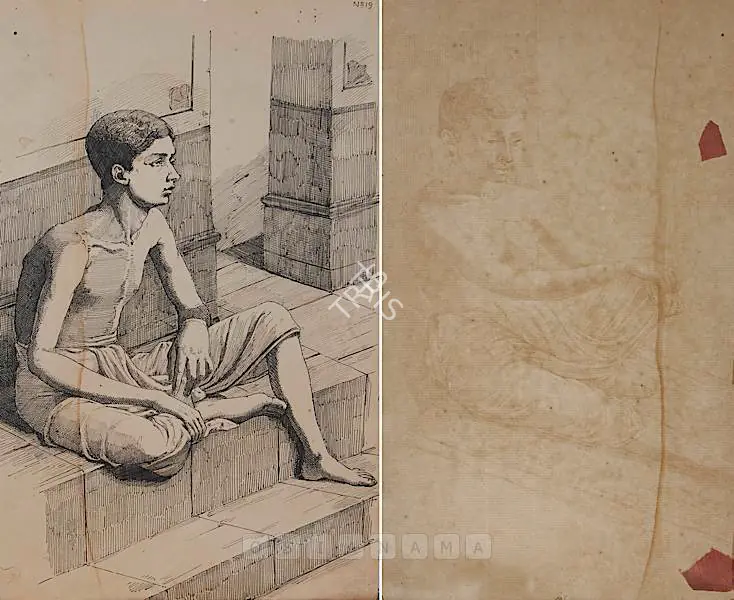 Bagchi, Ananda (Artist). No. 19 (Boy Sitting On Footsteps) (Double-Sided). Pen and ink on paper (and verso), 1875-1900 | Drawing | FineArts | 00757180