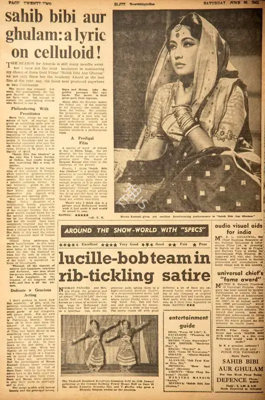 Nadkarni, D.V. (Reviewer). Sahib Bibi Aur Ghulam: a Lyric on Celluloid !. In Blitz - Hindi Sanskaran. p. 22. Bombay: Homi D. Mistry, 30 June 1962 | Film Review | CinemaEducation | 00142679