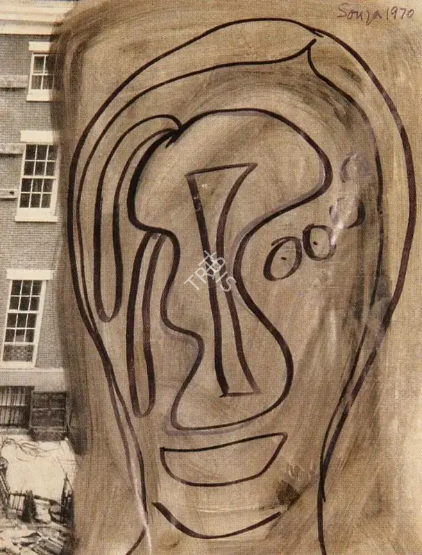 Souza, F.N. (Artist). Face. Acrylic on magazine paper, 1970 | Painting | FineArts | 00375923