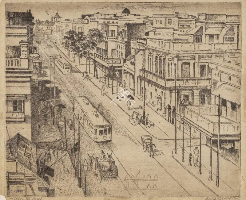 Chakravorty, Ramendranath (Artist). A Calcutta Street, 1943 | Print