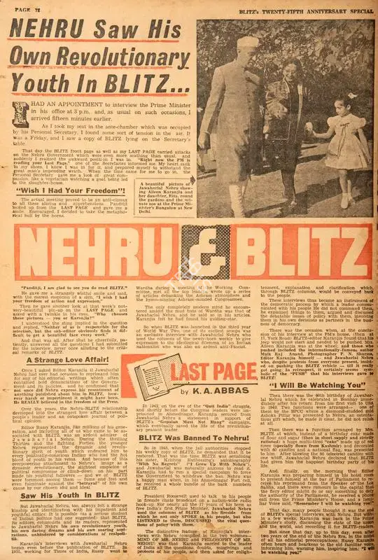 Abbas, Khwaja Ahmad (Columnist). Nehru & Blitz. In Blitz - India's Greatest Weekly. p. 72. Bombay: R.K. Karanjia, 13 August 1966 | Essay | CinemaEducation | 00464918