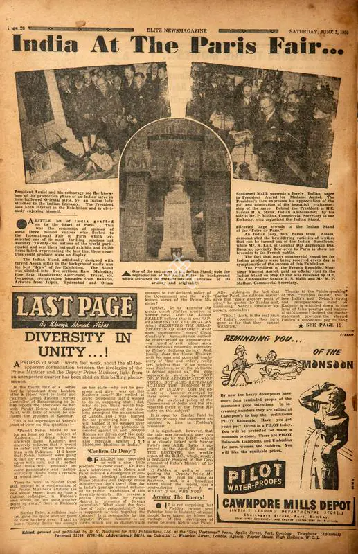 Abbas, Khwaja Ahmad (Columnist). Diversity in Unity...!. In Blitz - Asia's Foremost News Magazine. p. 20. Bombay: D.V. Nadkarni, 03 June 1950 | Essay | CinemaEducation | 00464466