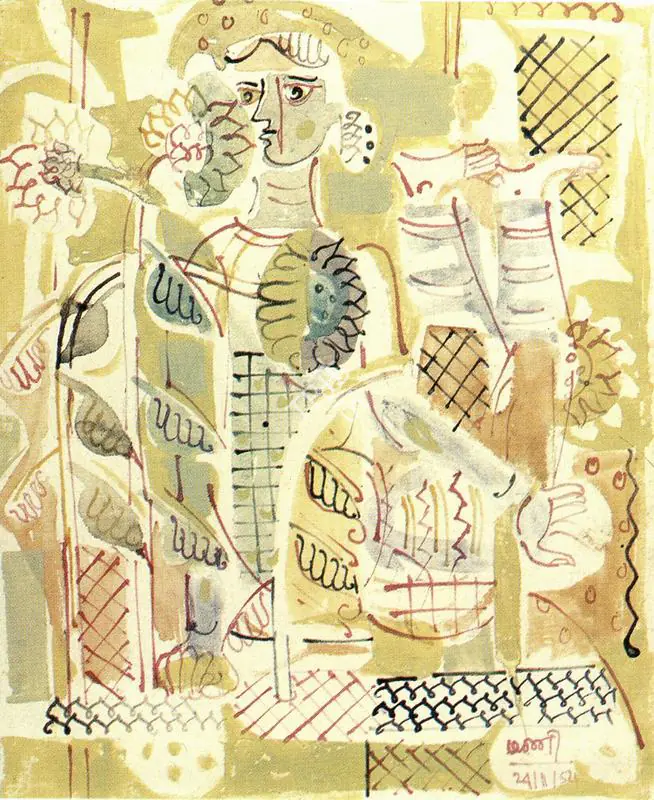 Subramanyan, K.G. (Artist). Girl With Suflower, 1952 | Painting