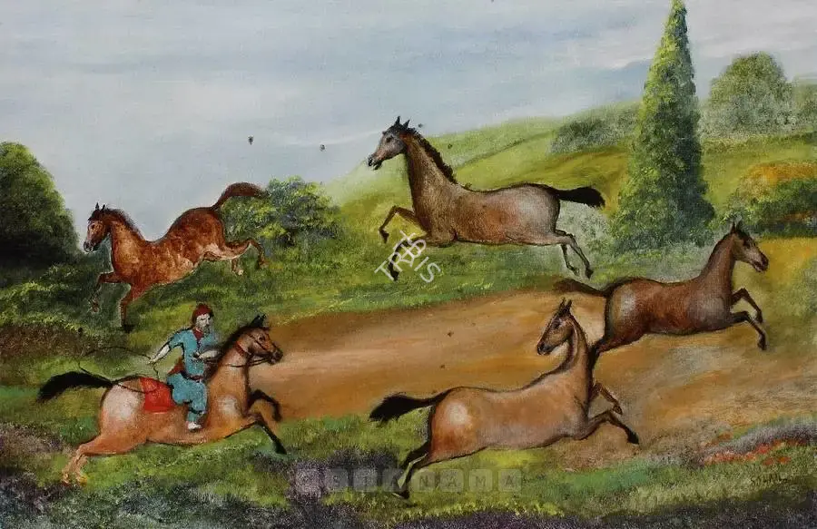 Sohail, Tasadduq (Artist). A Rider Lassooing Horses. Oil on canvas, n.d. | Painting | FineArts | 00897545