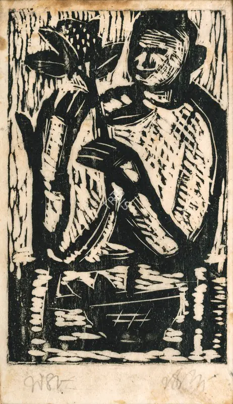 Mukherjee, B.B. (Artist). Man with flower. Woodcut on paper, 1948 | Graphic Art | EconomicsArt | 00871116