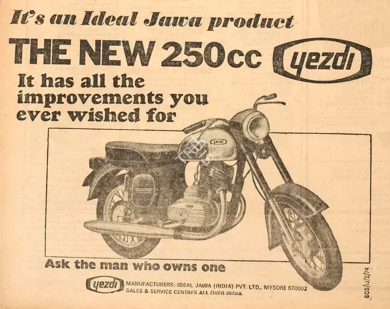 Yezdi Motorcycles (Advertiser). The New 250cc Yezdi, 1974 | Advertisement