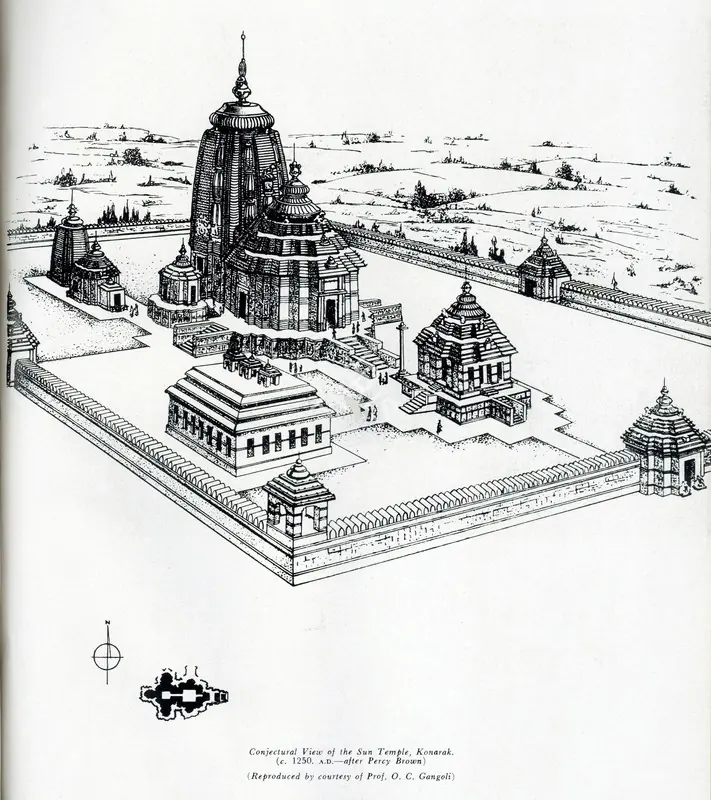 Unknown (Artist). Conjectural View of the Sun Temple, Konarak. c. 1250 A.D. | Marg, December 1958 | Drawing | ArcHeritage | 00674144