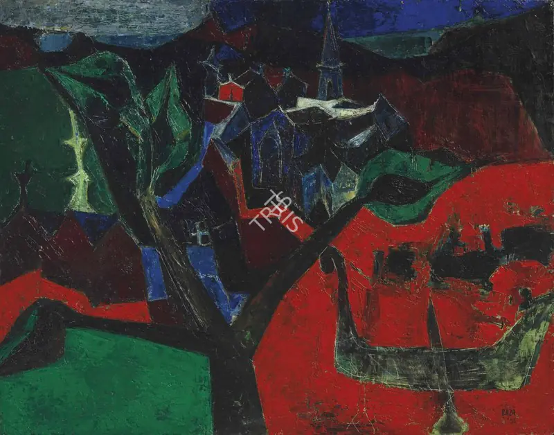 Raza, S.H. (Artist). Untitled (Village dans un Paysage), 1955 | Painting