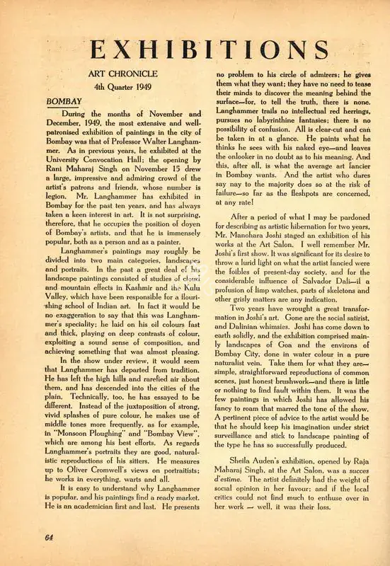 D., T. and J.T. (Essayists). Exhibitions - Art Chronicle, Bombay- 4th Quarter 1949. In Marg. 4(1), pp. 64-66. Bombay: Modern Artists and Architects Research Group, April 1950 | Essay | FineArts | 00668783, 1950