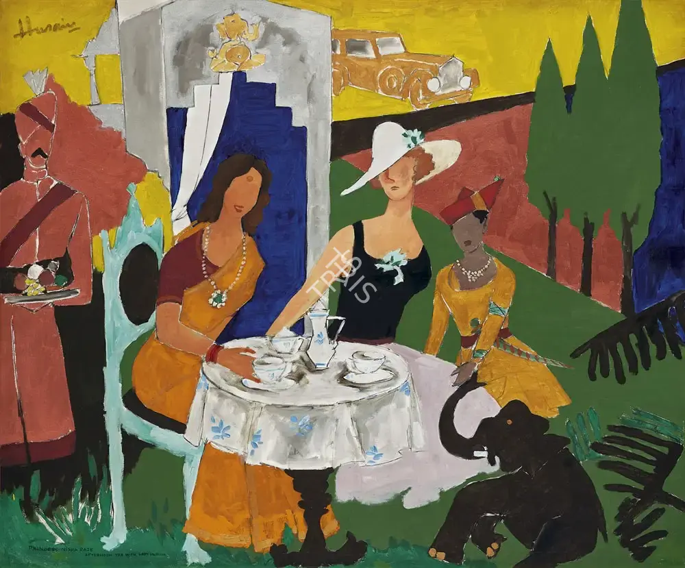 Husain, M.F. (Artist). Raj Series: Princess Nisha Raje. Afternoon Tea With Lady Mcbull, 1997 | Painting