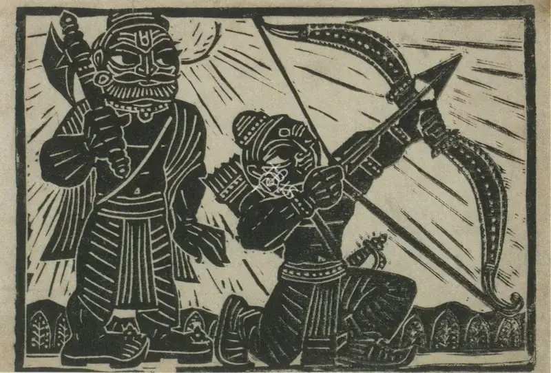 Chittaprosad (Artist). Rama snaps Parashurama's bow and his pride. Linocut on paper, c. 1970s | Chittaprosad, 2011 | Graphic Art | FineArts | 00710191