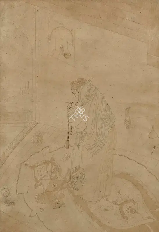 Chughtai, M.A.R. (Artist). Untitled (Woman Praying). Ink and watercolour on handmade paper, n.d. | Painting | EconomicsArt | 00869764