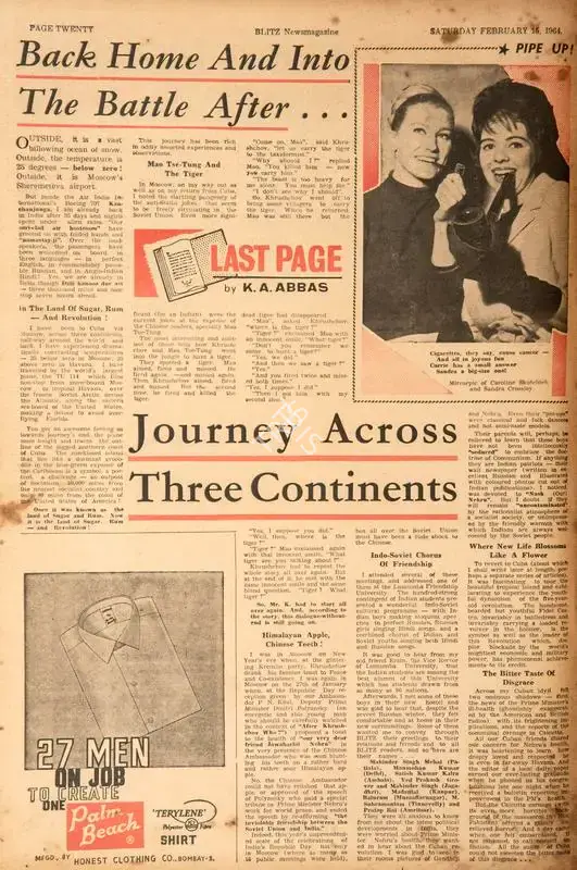 Abbas, Khwaja Ahmad (Columnist). Back Home and Into the Battle After …Journey Across Three Continents. In Blitz - India's Greatest Weekly. p. 20. Bombay: R.K. Karanjia, 15 February 1964 | Essay | CinemaEducation | 00464856